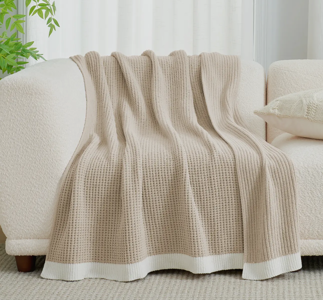 Reversible Waffle Knit Throw Blanket | Beige
