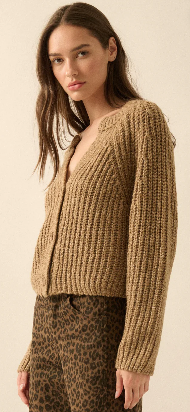 Soft Sunday Ribbed Knit Buttoned V-Neck Cardigan